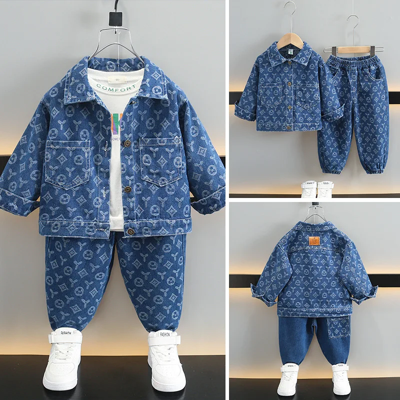 Two Piece Set Boy Cowboy Jacquard 2024 Spring Autumn New Tide Handsome Leisure Active