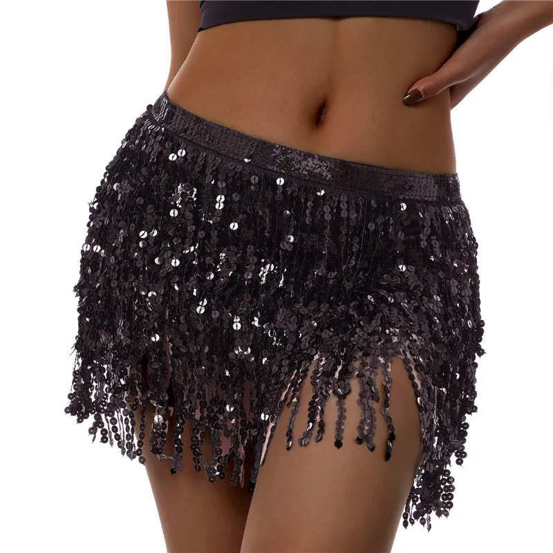 Women Belly Dance Hip Skirt Sparkly Latin Dance Tassel Scarf Sequin Fringe Wrap Rave Mini Skirt Party Club Performance Costumes