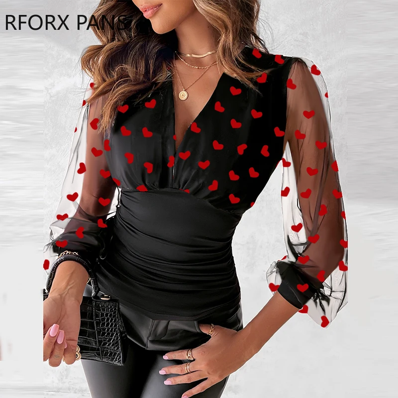 Blusas negras de punto con mangas de linterna de encaje con parche de malla de contraste con patrón de corazón Sexy para mujer