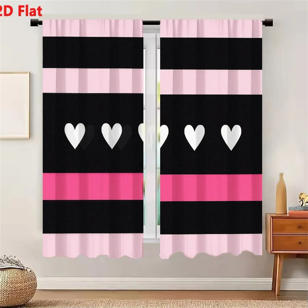 2Pcs Curtains 2D Flat Horizontal Stripes And White Heart Shapes Pattern With Black And Pink Alternating Stripes Five Simple Hear