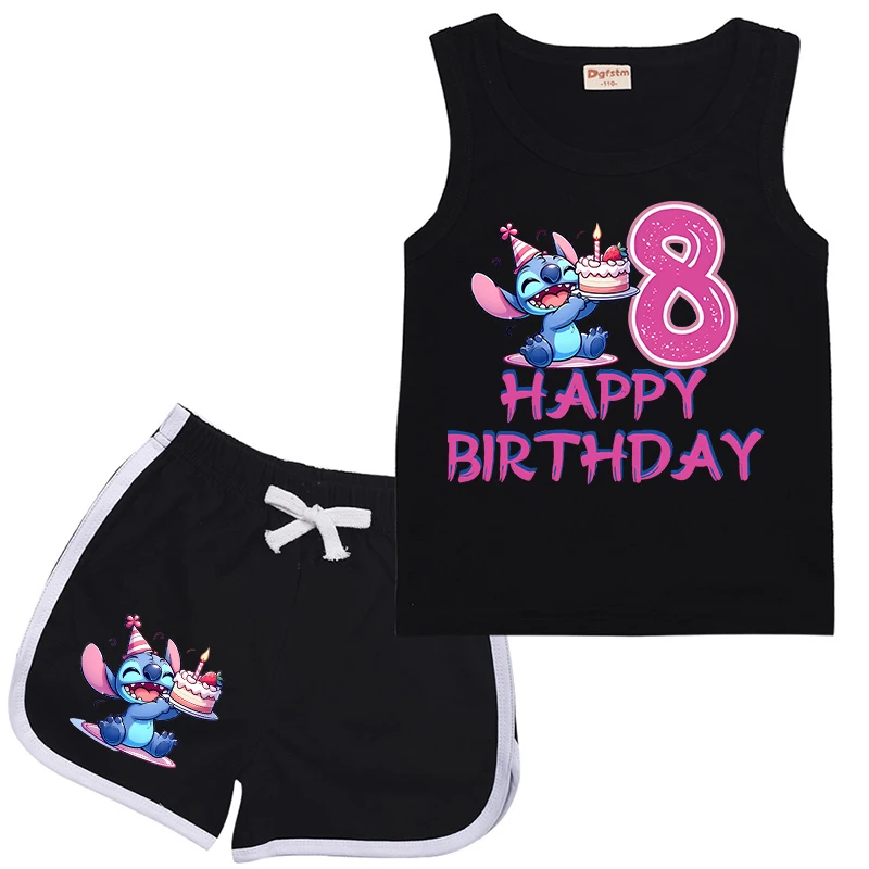 Stitch Children Suit Birthday Number 1-14 Sports Kids Vest & Shorts Casual Clothes Sleeveless Girl Boy 2Pcs Sets Summer Wear