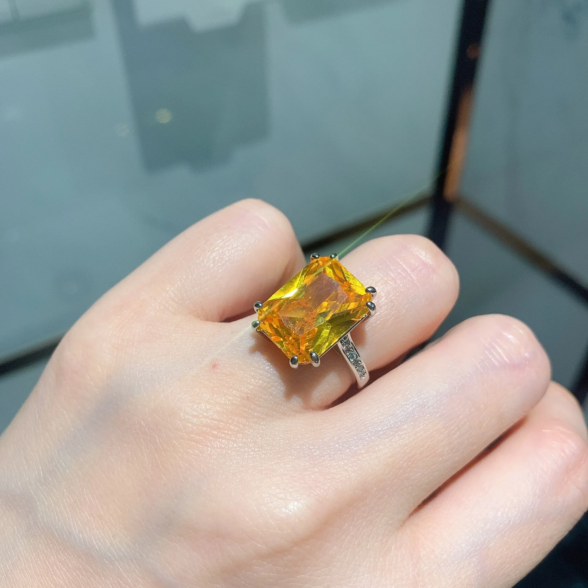OKILY 2026 Popular Imitation Paraiba Blue and Yellow Treasure Ring Rectangular Inlaid Ring Women's Model for Women Elegant 10*14