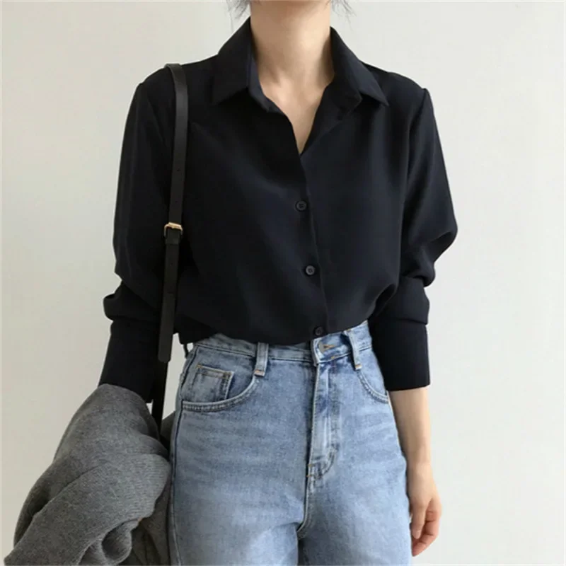 

Summer New Arrival Women Solid Black Chiffon Blouse Long Sleeve Casual Shirt Women's Korean BF Style Chic Tops Feminina Blusa