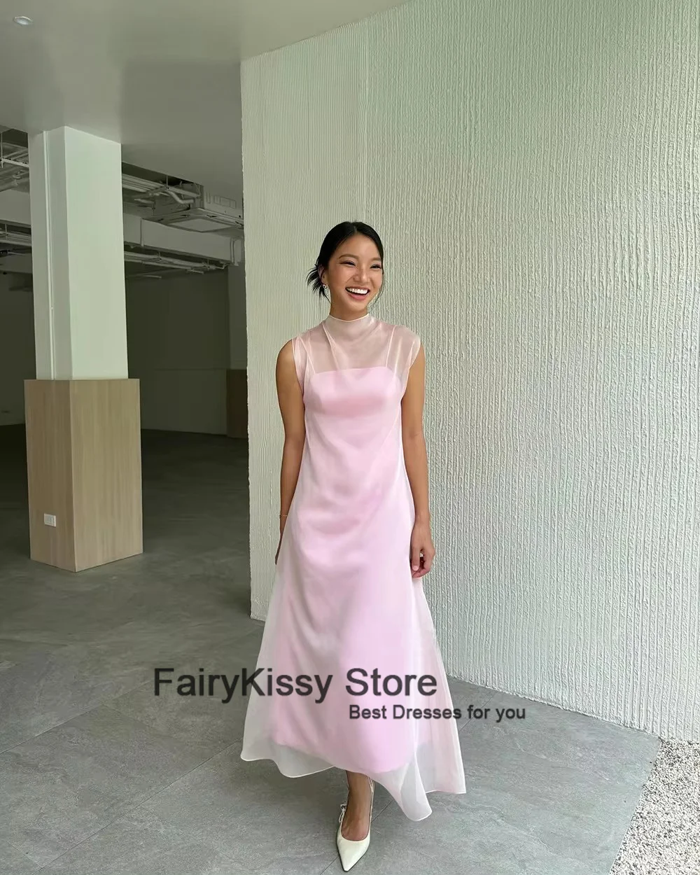 FairyKissy Rosa Chiffon-Abschlussballkleid, Stehkragen, A-Linie, Partykleid, ärmellos, bodenlang, formelles Anlasskleid