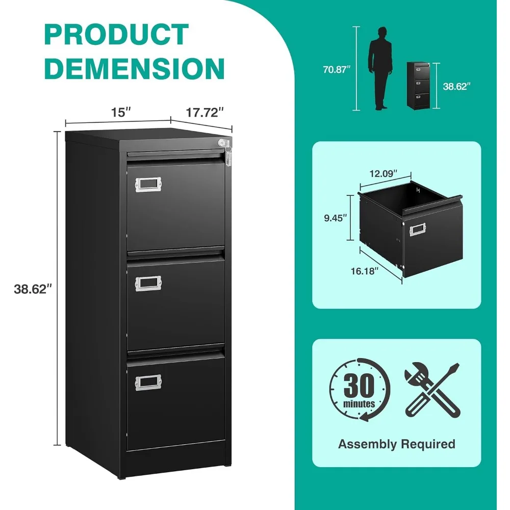 Narrow Vertical Three-Drawer Metal File Cabinet with Lock, Secure Storage for Small Black Filing Needs