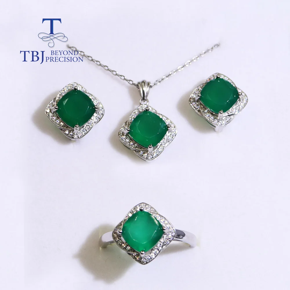 2026 Women's Natural Green Agate Jewelry Set 925 Sterling Silver Pendant Necklace Ring Clasp Earrings Fine Cushion 8mm