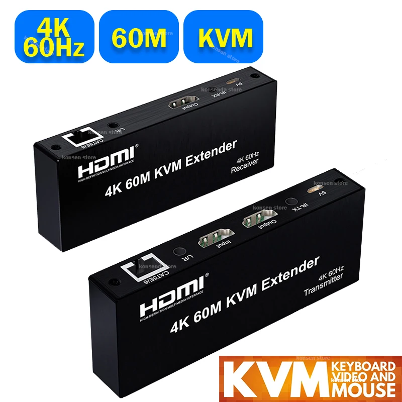 4K 60Hz HDMI KVM Extender over Rj45 Cat6 Cable 60M KVM Rj45 Ethernet Extender Transmitte Receiver Kit Support USB Mouse Keyboard