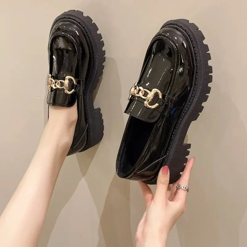 2024 Female Shoes Women Fashion  Round Toe Flats Loafers Oxfords Platform Casual Metal Chain Buckle Ladies Heels Black