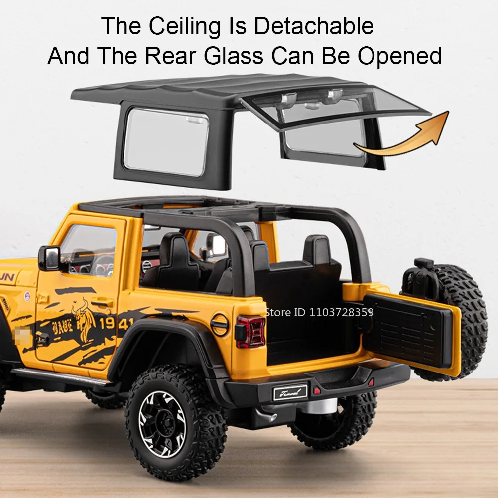 Escala 1:24 wrangler mamute veículo off-road modelo brinquedos liga diecast som luz portas abertas puxar para trás ornamento para crianças presentes