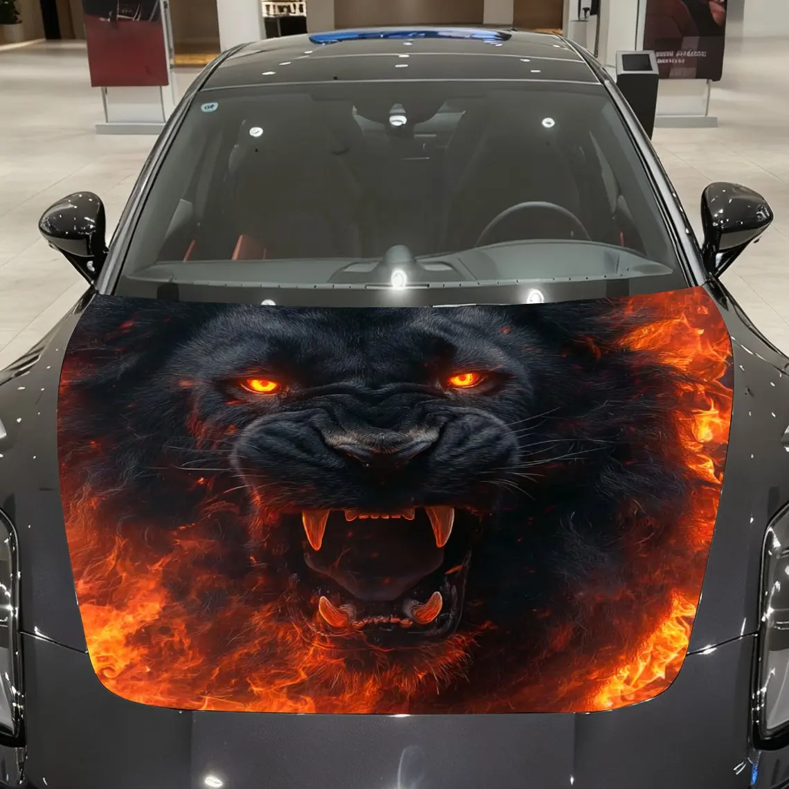 

Fierce Flame Black Lion Pattern Car Hood Stickers, Decorative Car Wrap, Bold Designs, Halloween Decorations, Car Parts Accessori
