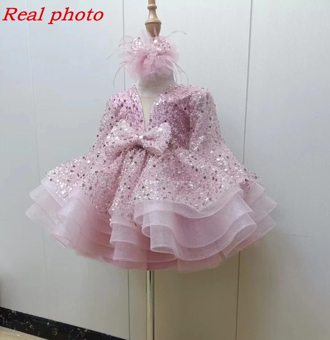 Luxurious Feather Child Birthday Party Dress Sparkly Girl Wedding Party Dress Puff Flower Girl Dress Cute Baby First Gown