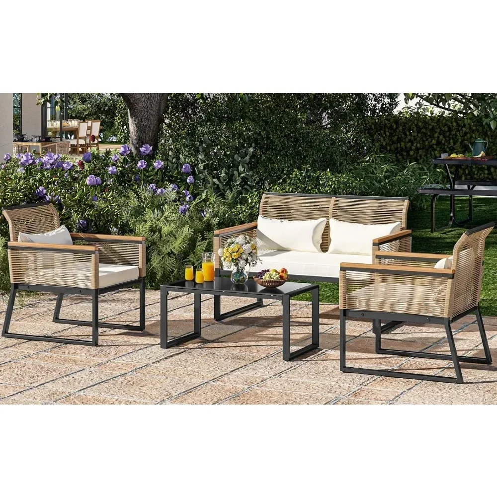 Garden Furniture Sets,4Piece All Weather Rattan Loveseat,Deck Wooden Armrest,Gray Cushions and Metal Coffee Table Outdoor Tables