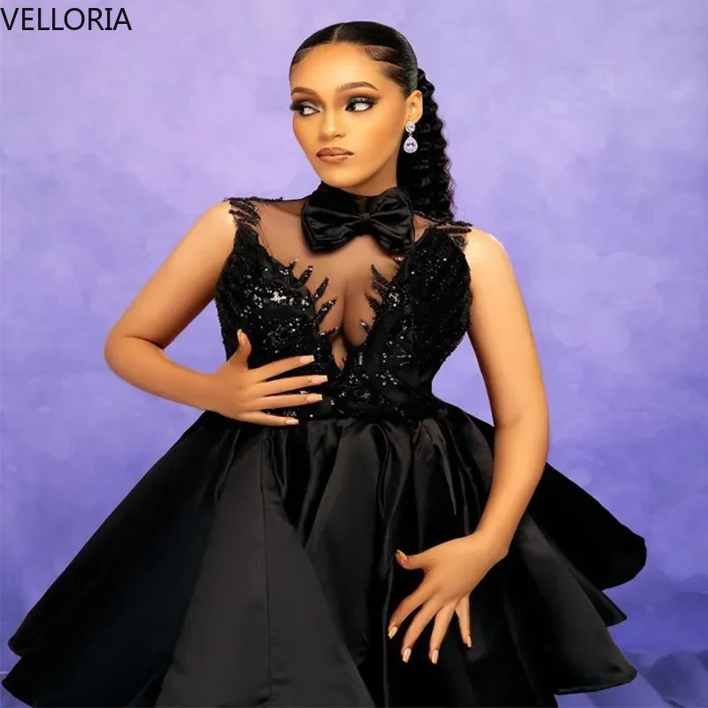 

Sexy Black A-Line Mini PROM Dress Turtleneck Lace Beaded Party Gown Graduation Evening Dress 2025 Vestdos De Fiesta Customized