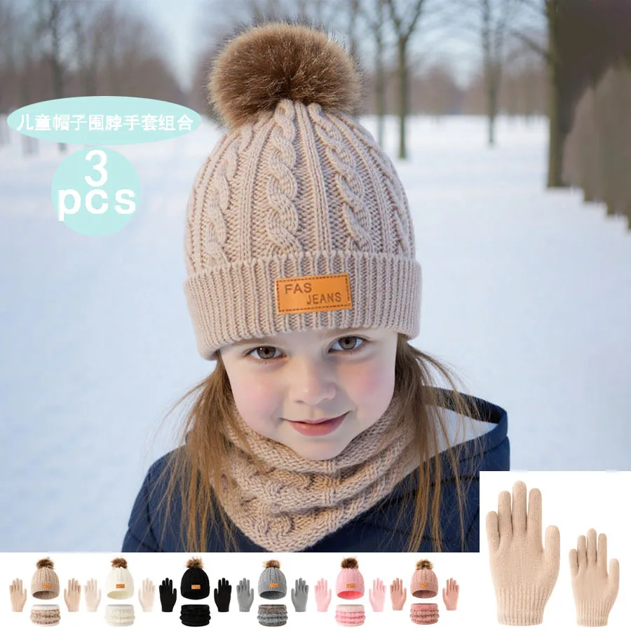 

autumn/Winter new children's single-ball hat and scarf three-piece set with labels for warmth