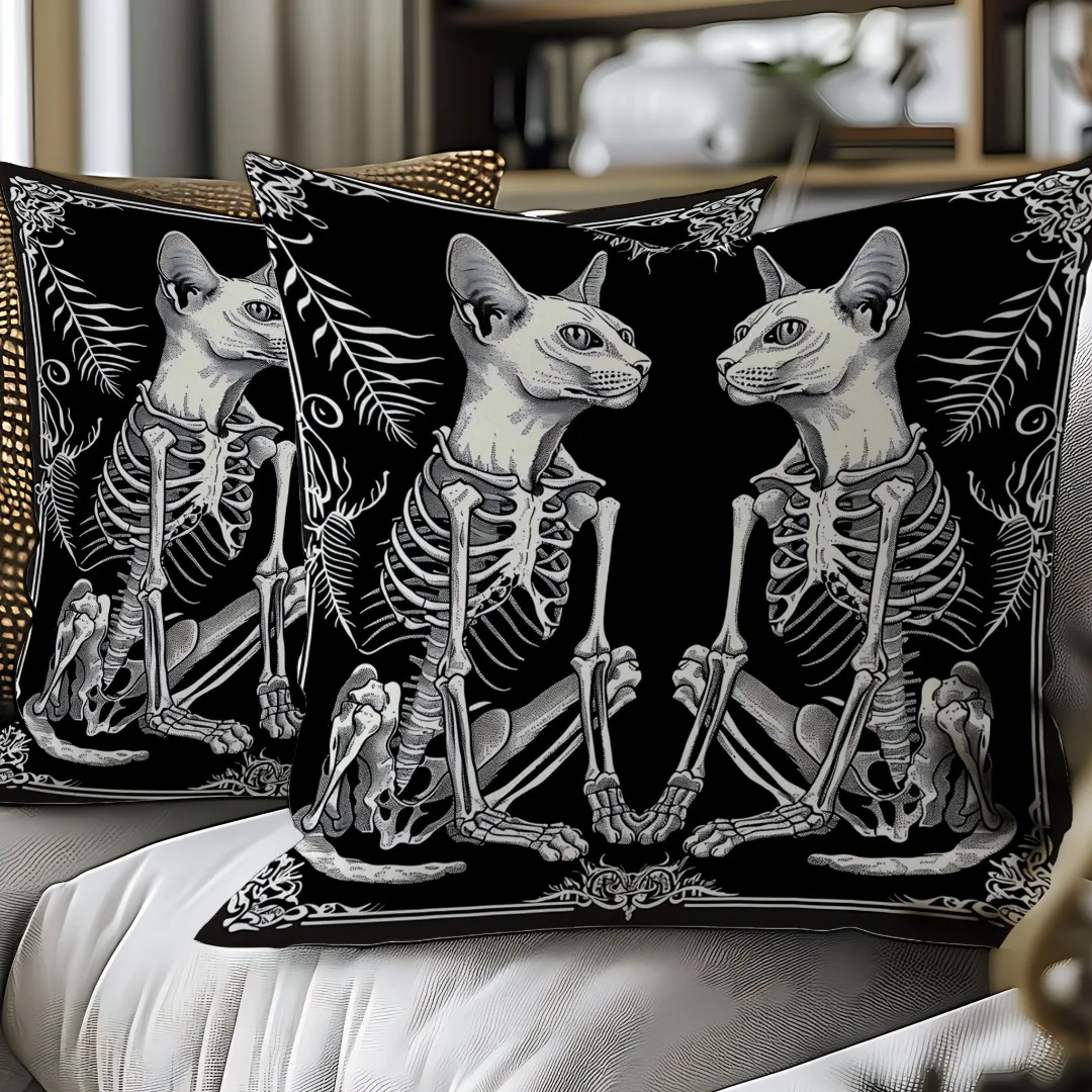 2Pcs Halloween Linen Cushion Horror Theme Pillowcase Cats Skeleton Pillow Cover Halloween Party Decoration 2025