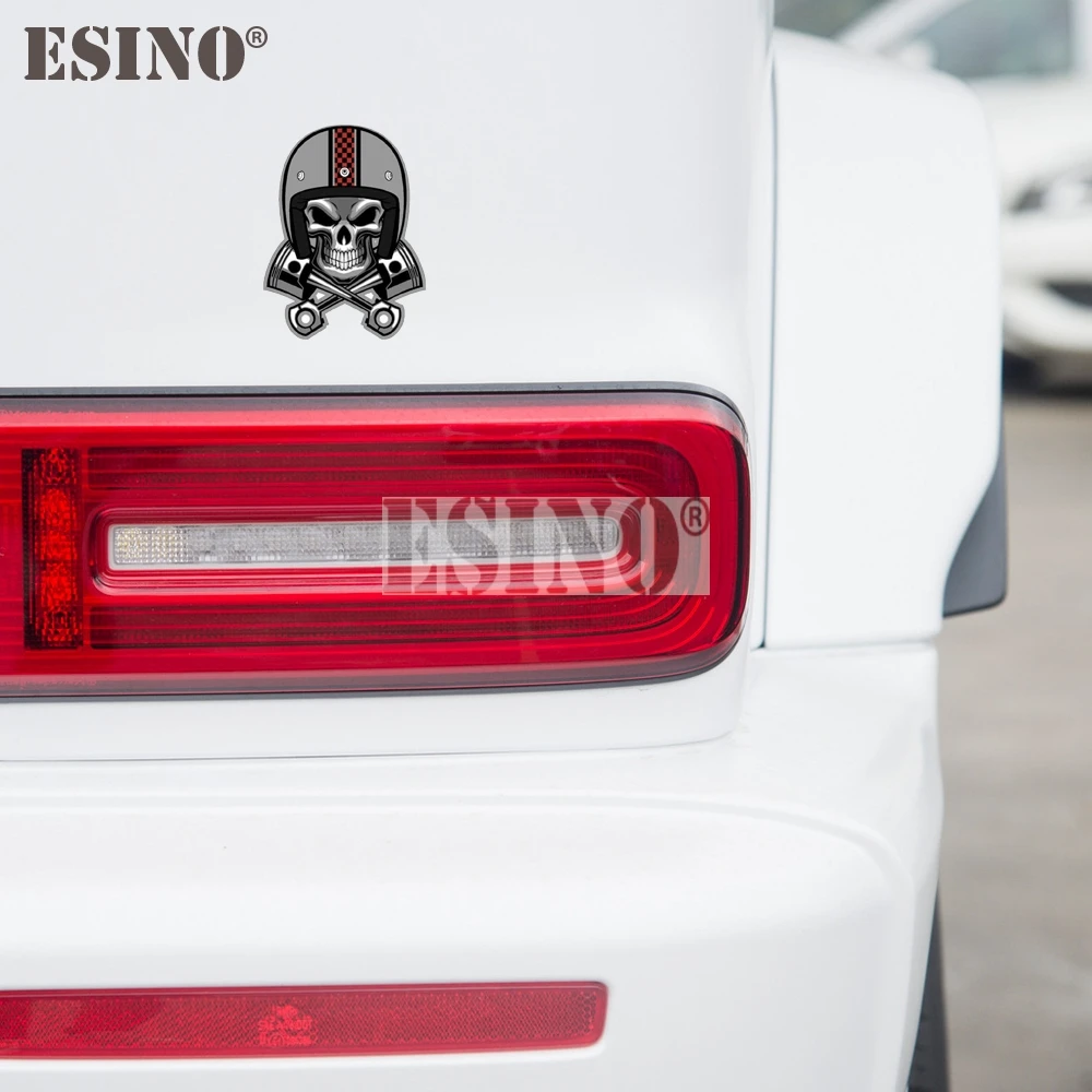 Racing Biker Skull Helmet Car Decal, Crossed Engine Piston Waterproof Vinyl Sticker for Auto Bumper, Window & Motorcycle