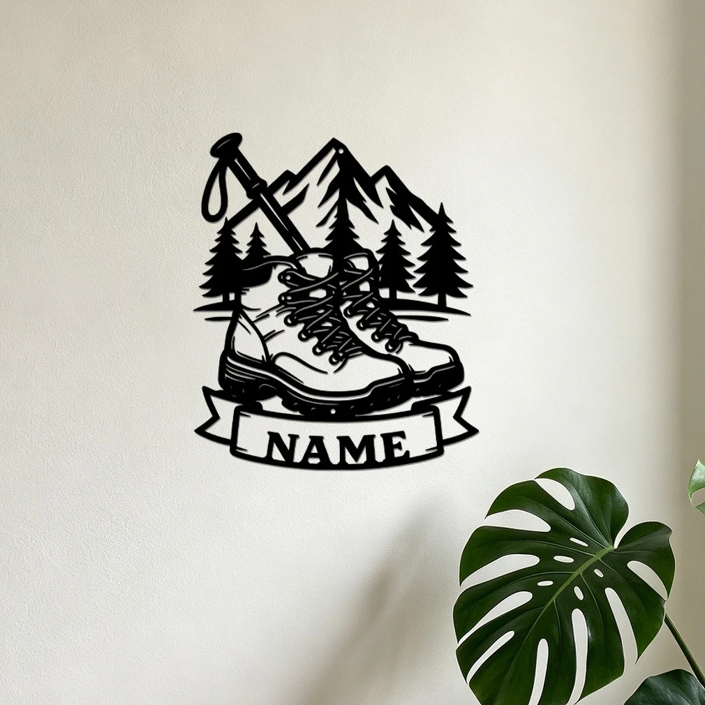 Custom Name Hiking Boots Metal Wall Sign Mountain Trekking Forest Metal Wall Decor Vintage Metal Plaque for Home Room Decoration