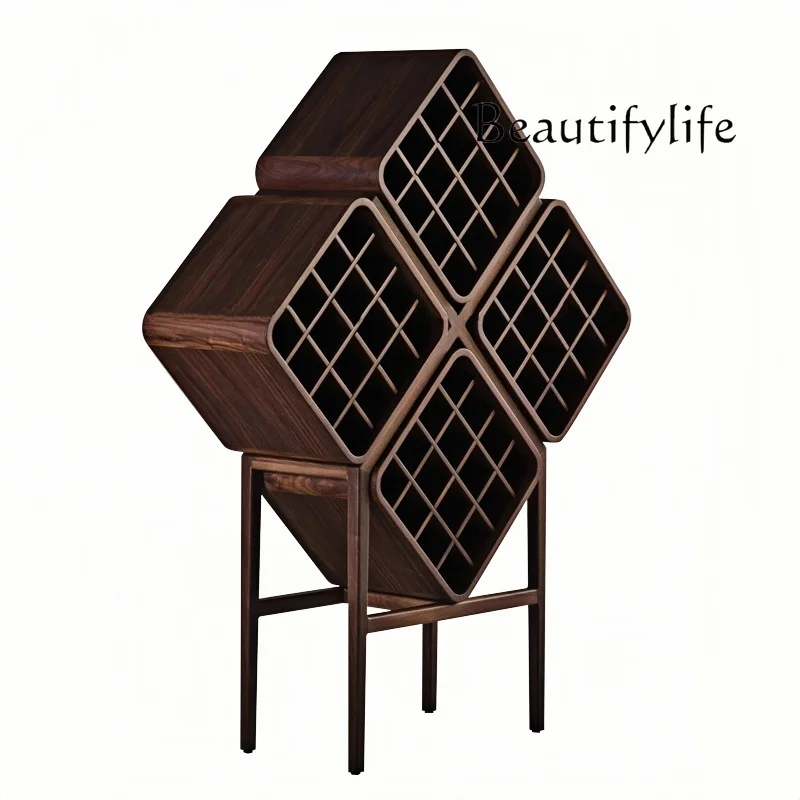 

New Chinese black walnut wine cabinet hotel high-end rhombus shelf household living room solid wood display stand