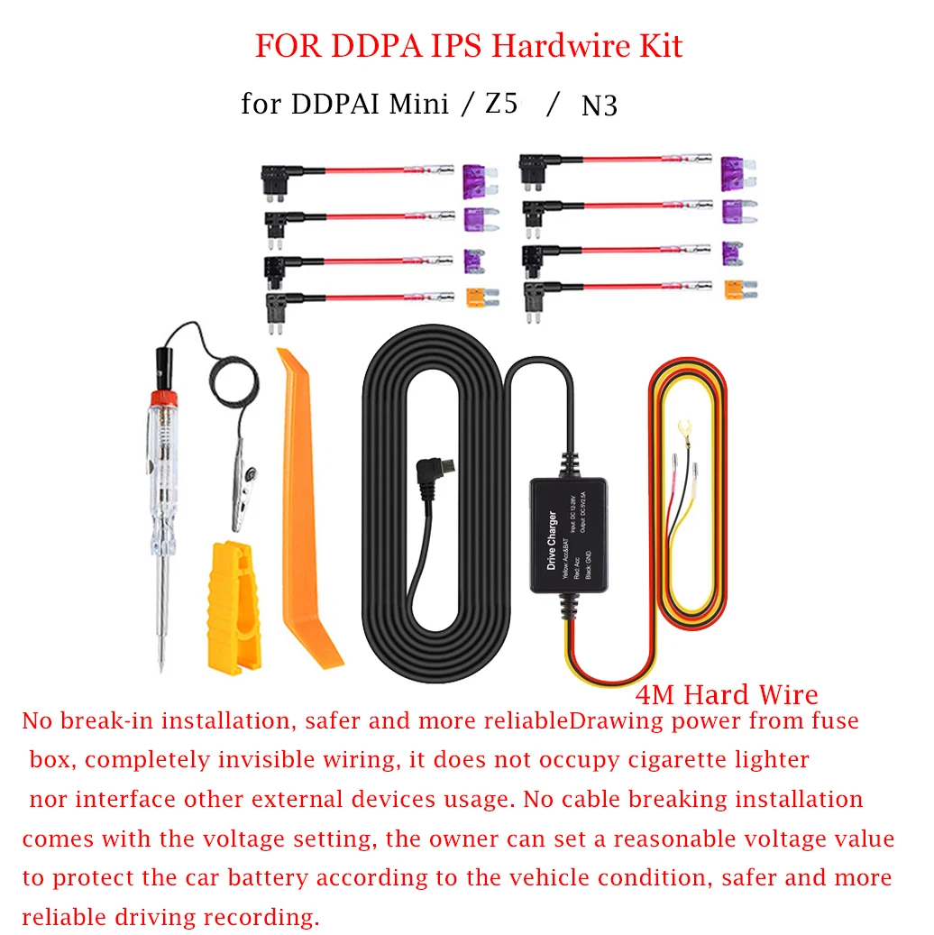 DDPAI 12/24V Micro USB Car Charger 4M Hard Wire Hardwire Kit for DDPAI Mini / DDPAI Z5 / DDPAI N3 Dash Cam