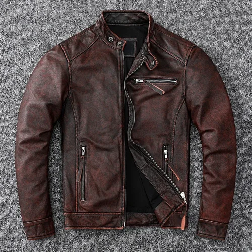 Abrigo Vintage marrón para hombre, Chaqueta corta ajustada de cuero genuino, estilo motorista clásico, informal, talla asiática 6XL, Otoño, venta al por mayor