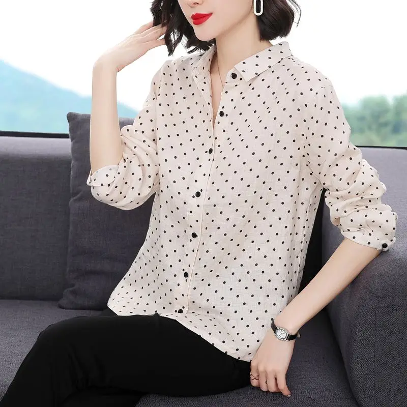 Female Clothing Polka Dot Printed Blouse Commute Long Sleeve Korean Single-breasted 2023 Spring Autumn Polo-Neck Straight Shirt