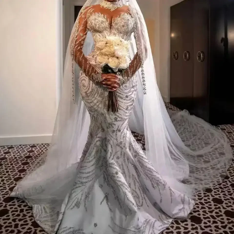 Angepasst Exquisite Luxus Meerjungfrau Sheer High Neck Perlen Spitze Schwere Kristalle Plus Größe Party Kleider Frauen Lange Hochzeit