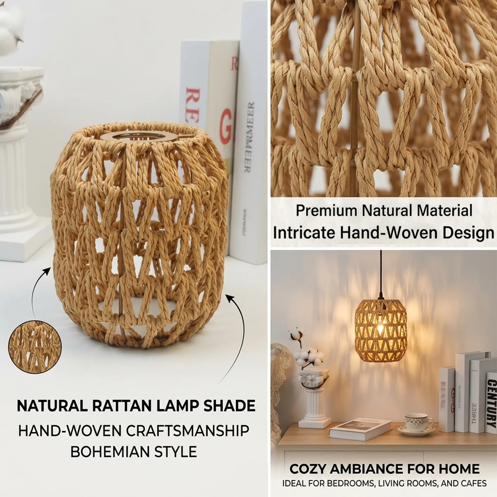 Boho Rattan Lamp Shade, Hand‑Woven Wicker Lampshade Replacement, Cylinder Light Cover for Pendant Light, Farmhouse Home Decor