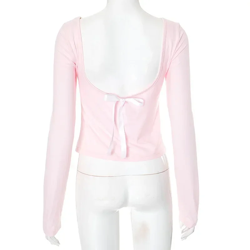 Pink Casual Lazy Style Solid Top Sexy Exposed Nacel Round Neck Long Sleeved Backless Bow Close Fit Waist Cinching T-shirt