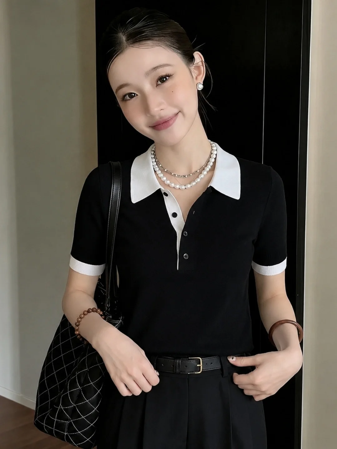 

Elegant Neck Color Block Short Sleeve Knitted Top Stylish Slimming Overhead Summer Fashionable Simple Straight Cut Knitwear