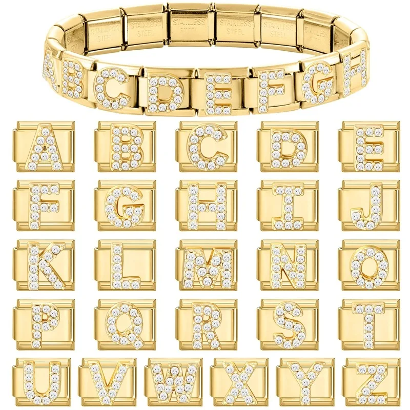 Fashion Gold 26 A-Z English Letters Italian Charm Links Fit 9mm Stainless Steel Basical Bracelet Making Women Jewelry Hand Chain