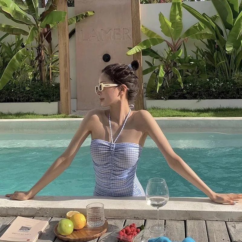 

Blue Striped One-Piece Swimsuit Ne Hanging Sle Sexy Girl Hotpot Thermal Ins Wind New Model Qui Dry Nylon id Simple St...