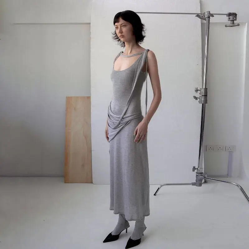 Waist Slimming Camisole Dress Women Sexy Low Collar Laziness Casualness Comfort Irregular Strap Skirt Sleeveless Maxi Sundress