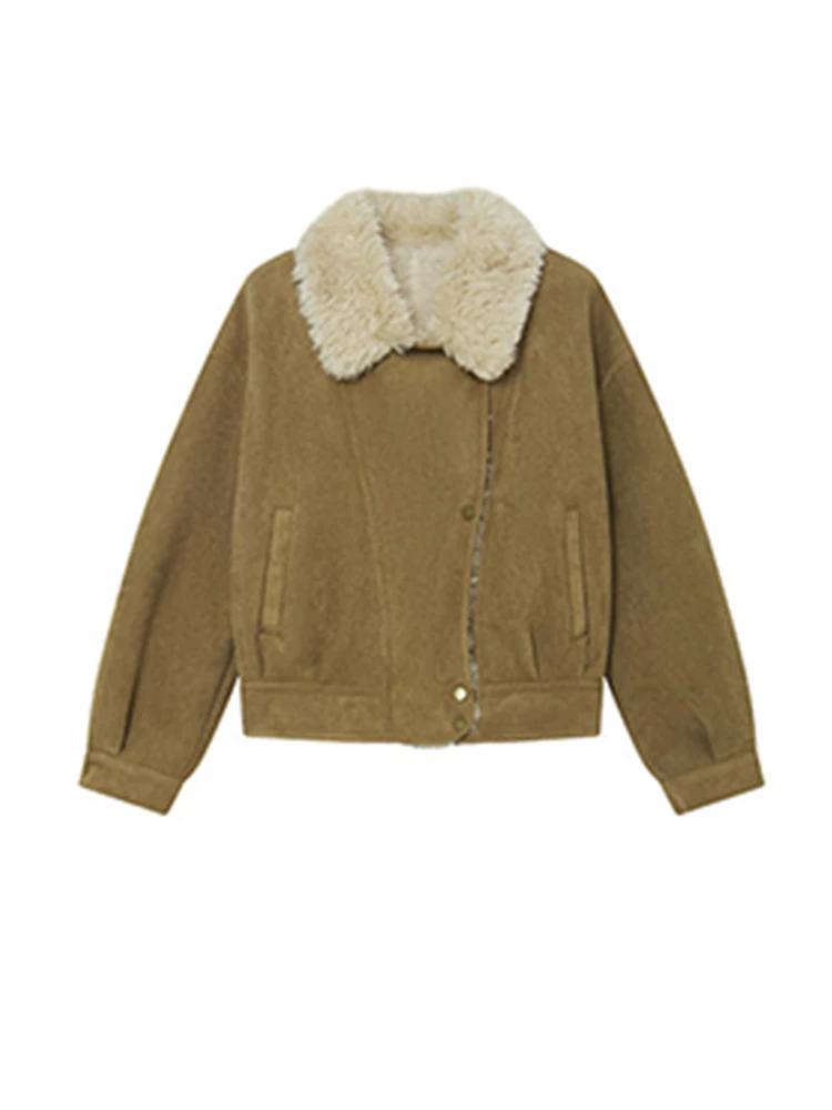 Retro Lamb Fur Collar ort Jaet Women's Winter Thi Warm Leather Fur Inteated Jaet Top Casual Loose Polyester Fiber