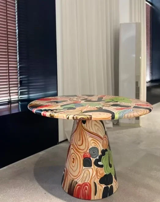 

Solid wood painting round dining table, household painted dining table furniture
