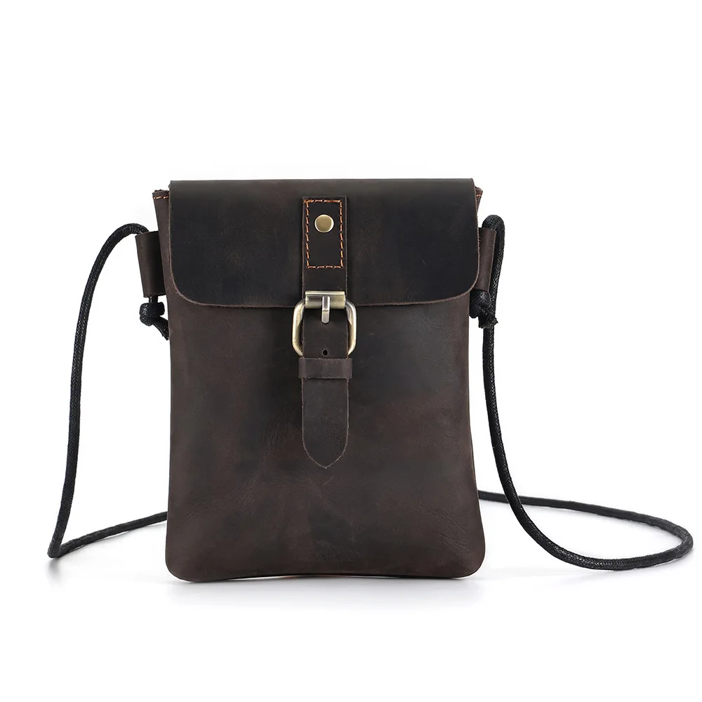 Bolsa mensageiro vintage de couro genuíno para homens, mini pacote para celular, cavalo louco, ombro, tiracolo, casual