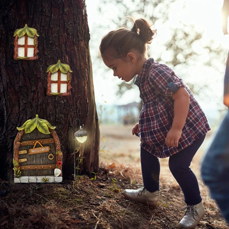 Miniature Fairy Gnome Home Window and Door for Trees Decoration Garden Decorations Window&Light Can Glow in Dark-AD23