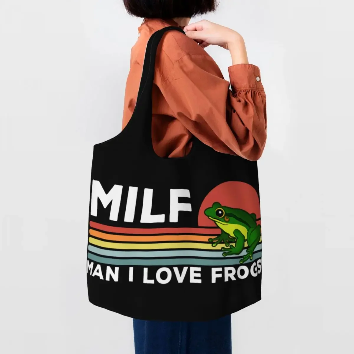 

Milf Man I Love Frogs Grocery Shopping Bag Printing Canvas Shopper Tote Shoulder Bags Large Capacity Portable Bags Handbags