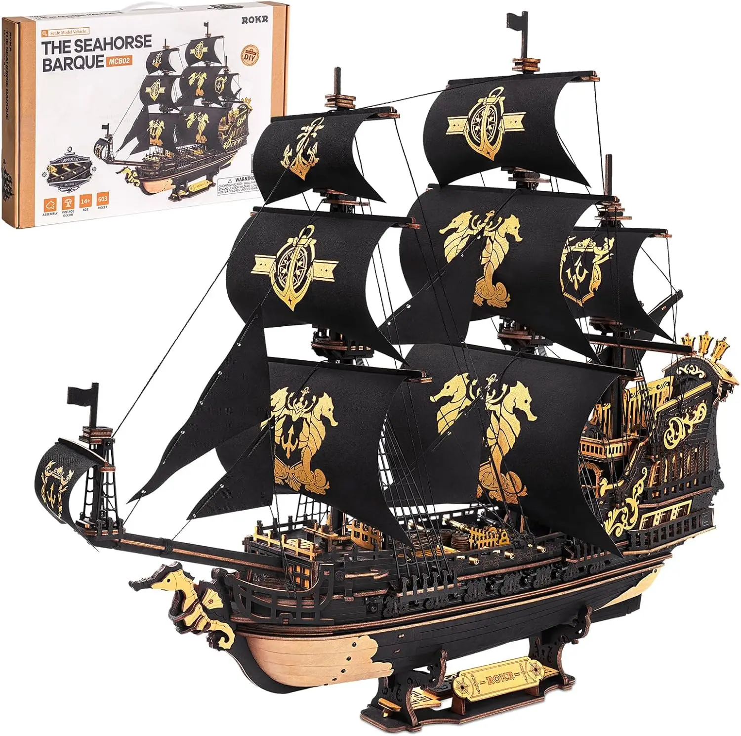 

ROKR 3D Wooden Black Sailboat Model Puzzle - 1:100 Scale Seahorse Three-Masted Sailboat, 603 Pieces Adult DIY Assembly Model