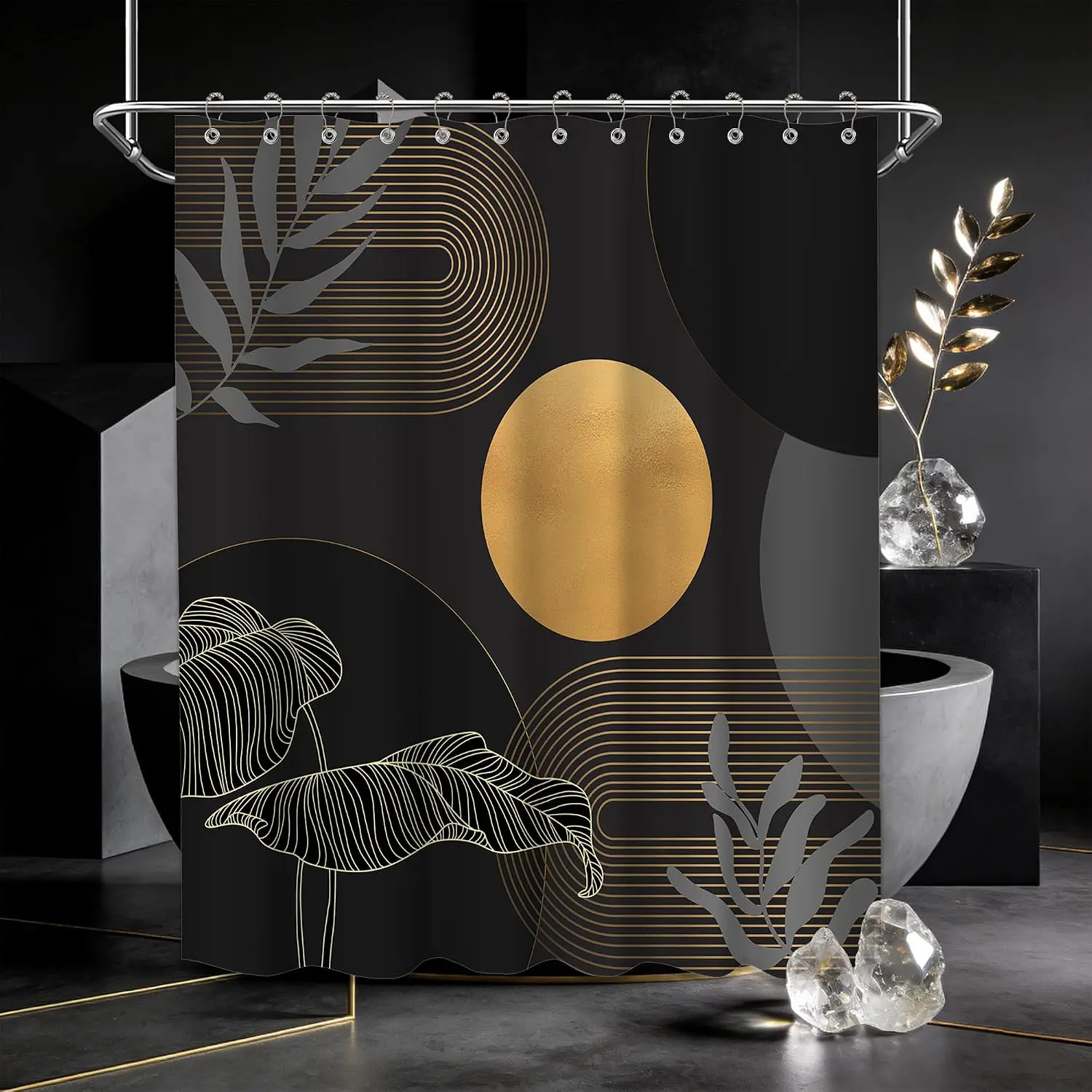 Luxury Gold Tropical Leaf Abstract Geometric Shower Curtain Liner Modern Boho Bathroom Decor Polyester Art Shower Curtain Panel