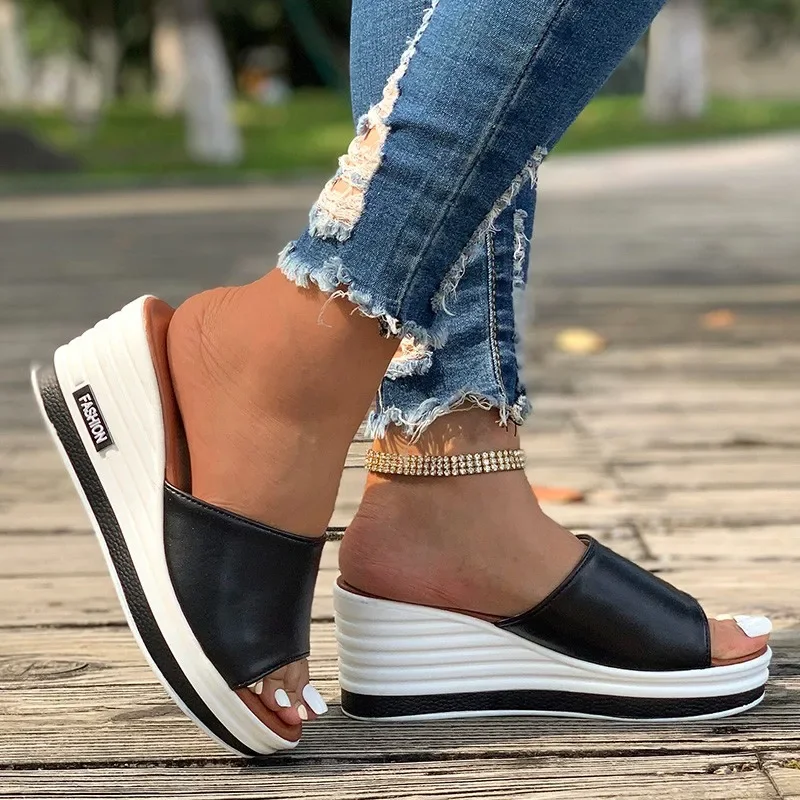 High-heeled Flat Wedge Heel Open Toe Simple Women\'s Sandals 2024 New Hot Selling Solid Color PU Shoes for Women Zapatos De Mujer