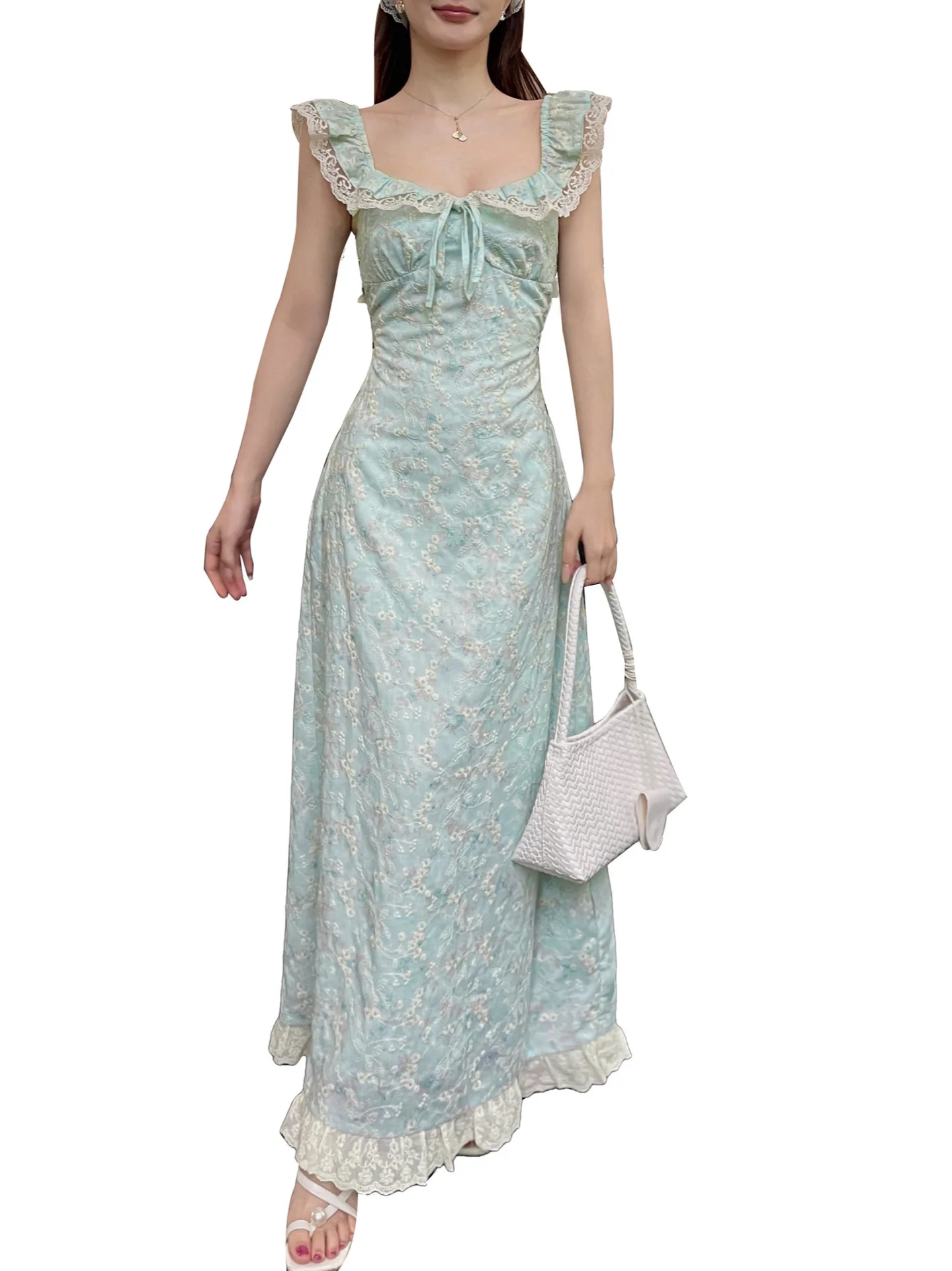 French Retro Lace Ruffle Floral Square Neck Tie-waist Green A-line Dress For Women Slim-fit Mori Girl Prairie Chic Spliced Skirt