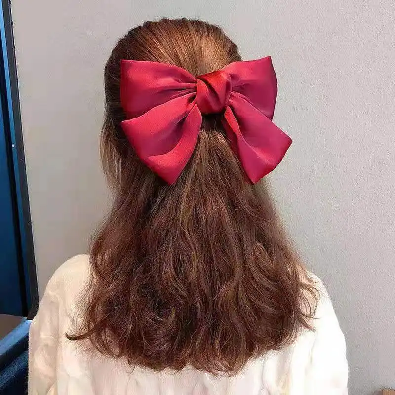 Korean Version of Red Bow Hairpin Oversized Bow Headgear Internet Celebrity Satin Bow Hairpin Spring Clip Top Clip