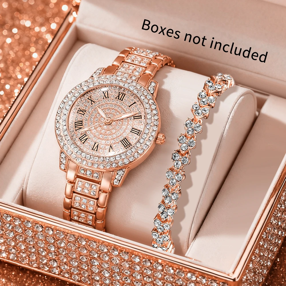 2PCS Elegant and Gorgeous Women's Quartz Watch with Shining Bracelet Jewelry Set