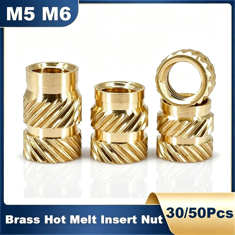30/50 Pcs M5 M6 Heat Set Threaded Insert Brass Nut Hot Melt Knurled Inserts Double Twill Embedment Copper Nuts