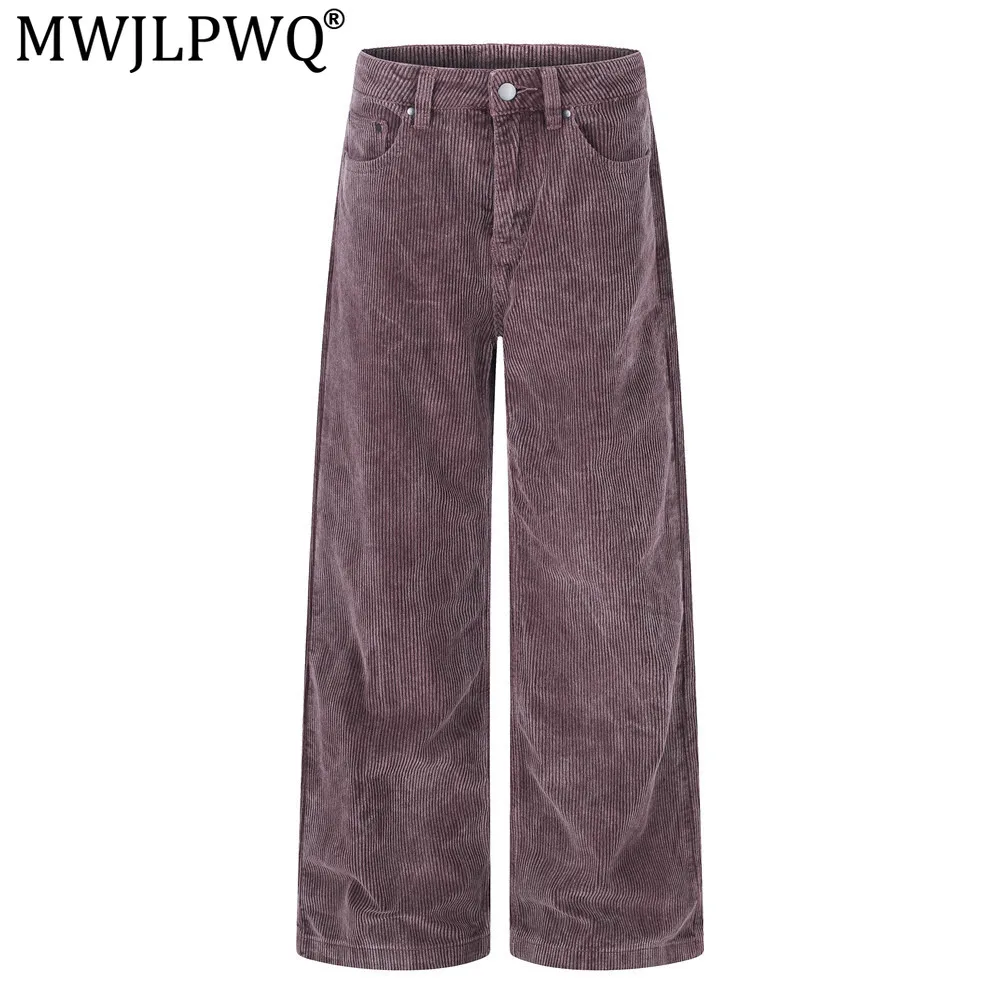 MWJLPWQ Corduroy Wide-Leg Trousers Men Trendy Punk Back Pockets Unique Color-Blocking PU Leather Patchwork Trousers Street 21155