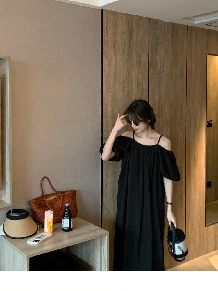 フレンチサスペンダーワンショルダーグリーンドレスワイドトリュフショルダーファッショナブルな気質ロングロングボディコン女性夏Bla