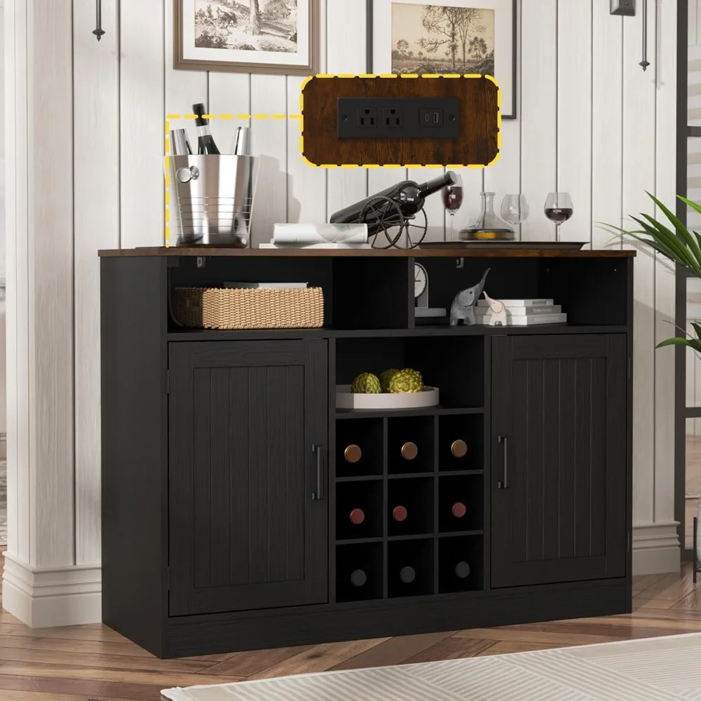 Farmhouse Buffet Cabinet with Power Outlets, Rustic Sideboard Buffet with Wine Rack, Wooden Buffet Table for Dining Room