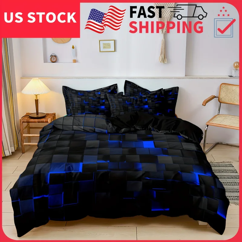 1*Down quilt cover   1/2*Pillowcase，Without Core，Black Blue Grid Printing Bedding