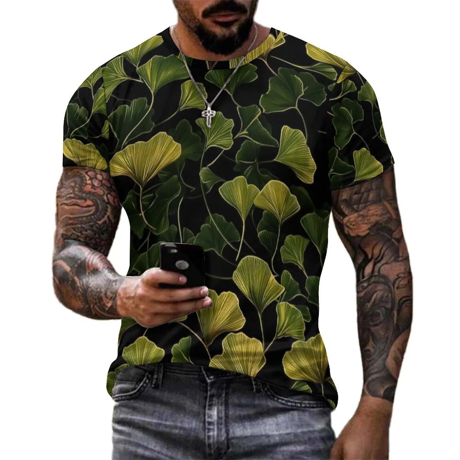 Ginkgo Retro Gradient Leaf Print T Shirt  Harajuku T Shirts Man Streetwear Tshirt Summer Short-Sleeved Design Tops Large Size