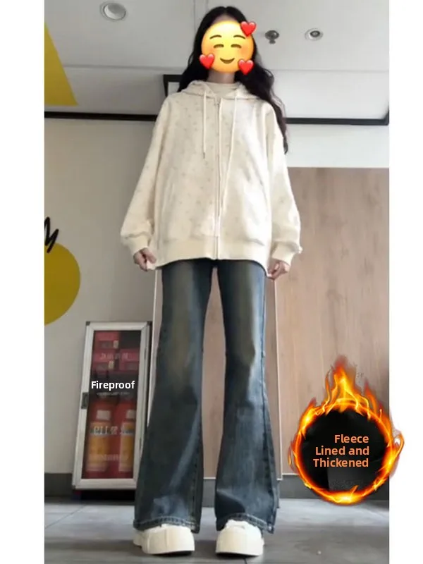

High Waist Thiened Fce Women's Bell Bot Jeans Slimming Ankle Length Blue ey Denim Pants for Autumn Winter